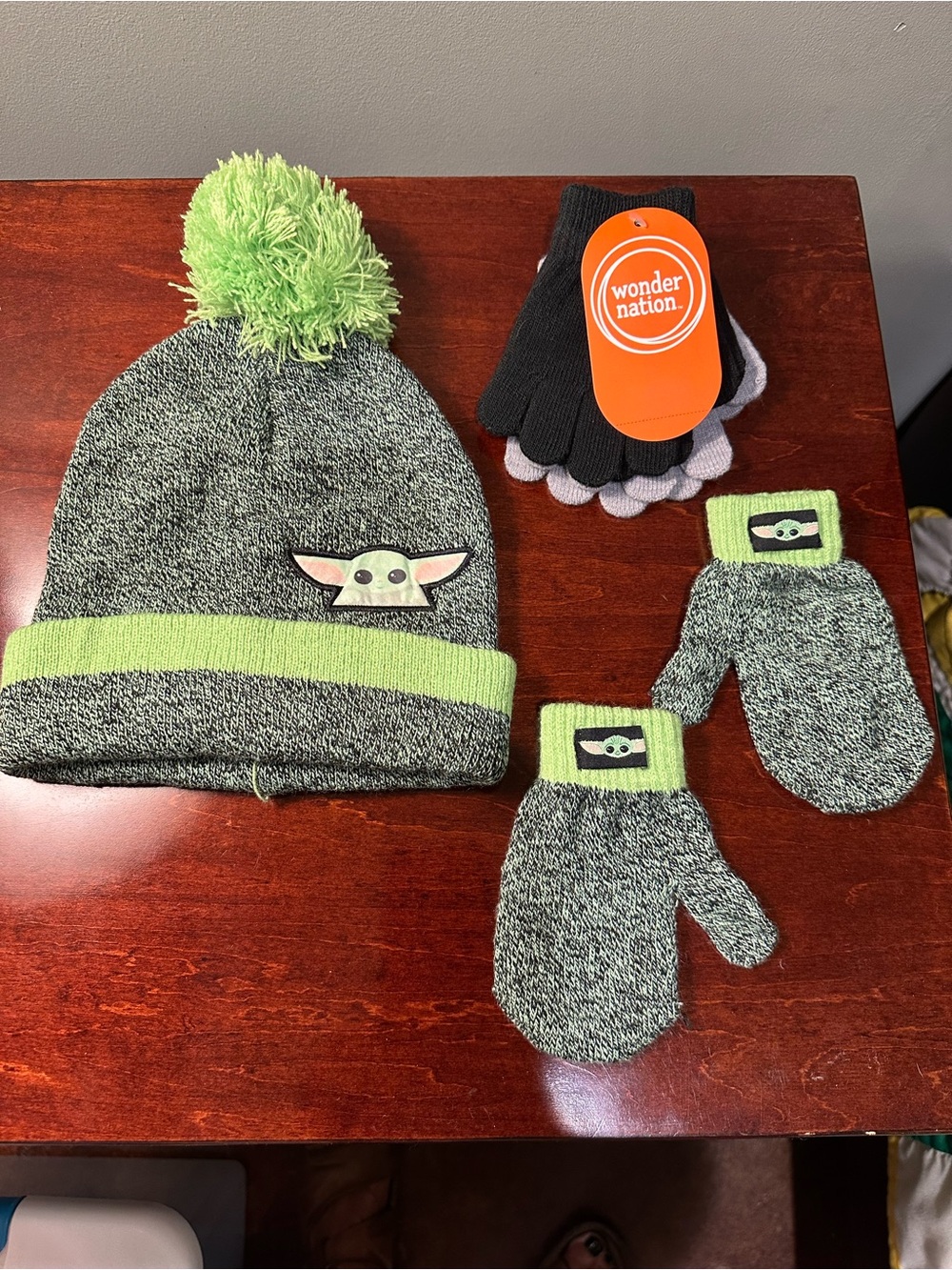 Toddlers winter Hat and matching mittens with two extra pairs of gloves